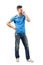 Young man in blue t-shirt thinking looking down