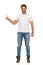 Young Man In Boots, Jeans And White T-shirt Is Standing And Showing Thumb Up. Front View