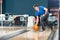 Young man bowling having fun