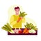 Young man with boxes of fresh vegetables. Holds carrots. Grocery store, market. Vector illustration. Isolated on a white