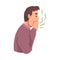 Young Man Breathing to His Hand to Check and Smell His Breath, Person Having Bad Breath Vector Illustration