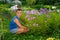 A young man about Bush Phlox on the plot in the summer on a Sunn