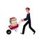 Young man, businessman, student, librarian pushing wheelbarrow with book pile