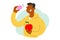 Young man buying fresh fruits, smiling male character holding an apple, choosing healthy food concept, flat vector