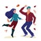 Young man in cardigan and woman in sweater dancing