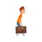 Young man carrying a heavy suitcase, people traveling on vacation concept cartoon vector Illustration on a white