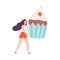 Young Man Carrying Huge Cupcake, Tiny Person Celebrating Birthday or Important Event Cartoon Style Vector Illustration