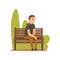 Young Man in Casual Clothes Sitting on Bench in Park Vector Illustration