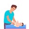 Young man changes diapers to his little son. The baby lies on the changing table, and dad does his hygiene, takes care