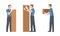 Young Man Character Assembling and Installing Wooden Furniture Vector Set