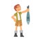 Young Man Character in Fisherman Boots Holding Big Fish Vector Illustration