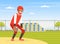 Young Man Character Playing Baseball or Bat-and-ball Game on the Field Vector Illustration