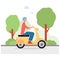 Young man character riding motorcycle or moped flat vector illustration isolated.