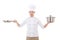 young man in chef uniform holding saucepan and frying pan isolated on white