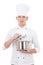 Young man in chef uniform holding saucepan isolated on white