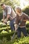 Young man with child working in garden