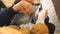 Young man choosing coconuts on shelf in grocery store. Male buyer taking some ripe cocos and putting them in plastic bag