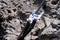 young man in climbing equipment against rock, waterfall, climbs rock, active lifestyle of people, mountaineering, via ferrata in