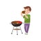 Young man cooking and eating barbecue cartoon vector Illustration