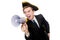 Young man in costume with pirate hat and megaphone