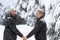 Young Man Couple Walking In Snow Forest Outdoor Guys Holding Hands