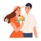 Young man is courting a girl, gave her a bouquet of flowers