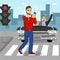 Young man crossing street sending sms while angry driver in black convertible car yelling at him