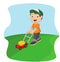 Young man cutting grass with a push lawn mower