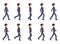 Young man in dark blue suit walking sequence. Vector illustration of moving cartoon character person.