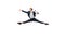 Young man in dark business suit jumping, flying isolated on white background. Art, motion, action, flexibility