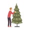 Young Man Decorating Christmas Tree, Person Preparing for Holiday Celebration, Merry Xmas and New Year Cartoon Style