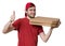 Young man is delivering pizza in boxes. Pizza delivery concept.