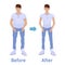 Young man before and after diet and fitness. Weight loss. Fat and thin man, body transformation. Vector illustration