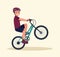 A young man does tricks in the air on a bicycle. An acrobatic cyclist is a public entertainment. Vector illustration