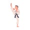 Young Man Doing Karate Wearing Kimono and Black Belt Engaged in Martial Art Vector Illustration