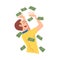 Young Man with Dollar Bills Flying around Her, Happy Rich Character Enjoying Rain of Money Vector Illustration on White