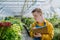 Young man with Down syndrome working in garden centre, holidng clipboard and checking plants.