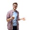 Young man drinking coffee portrait. Smiling happy male university student with drinking disposable coffee