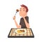 Young Man Eating Meat with French Fries, Cheerful Guy Sitting at Table with Checkered Tablecloth Cartoon Vector