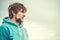 Young Man Face Portrait Beard and curly hair Outdoor