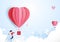 Young man finding love concept. Hot air balloons flying.