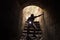 Young man with a flashlight enters the stone tunnel