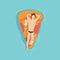 Young man floating on air mattress in the shape of piece of pizza in swimming pool, top view vector Illustration