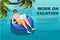 Young man floating on an blue inflatable circle with laptop flat vector illustration work at vacation horizontal banner