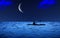 Young man floating on the canoe in the sea at starry night with moon background and clouds