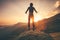 Young Man Flying levitation jumping in sunset mountains