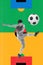 Young man, football athlete in motion, kicking ball with leg over colorful background. Creative art collage.