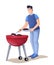 Young man frying barbecue flat color illustration. Cheerful cook in apron grilling sausages and shashlik cartoon