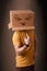 Young man gesturing with a cardboard box on his head with evil f