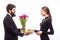 Young man give a gift for his girlfriend and tulips bucket